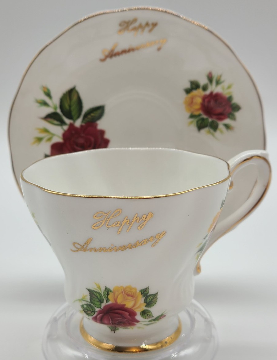 Vintage Royal Grafton Happy Anniversary Tea Cup & Saucer Bone China England