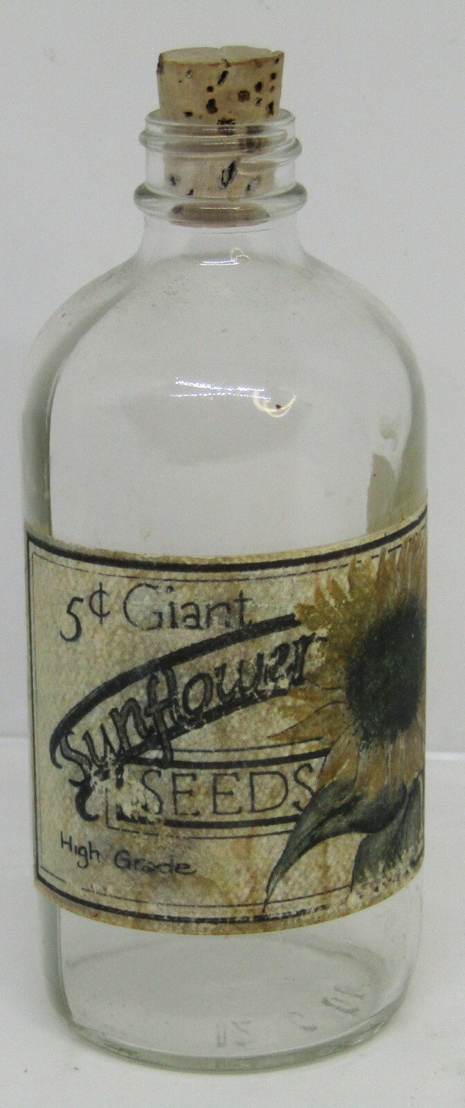 Vintage Clear Glass Giant Sunflower Seeds, Bottle with Cork Stopper.