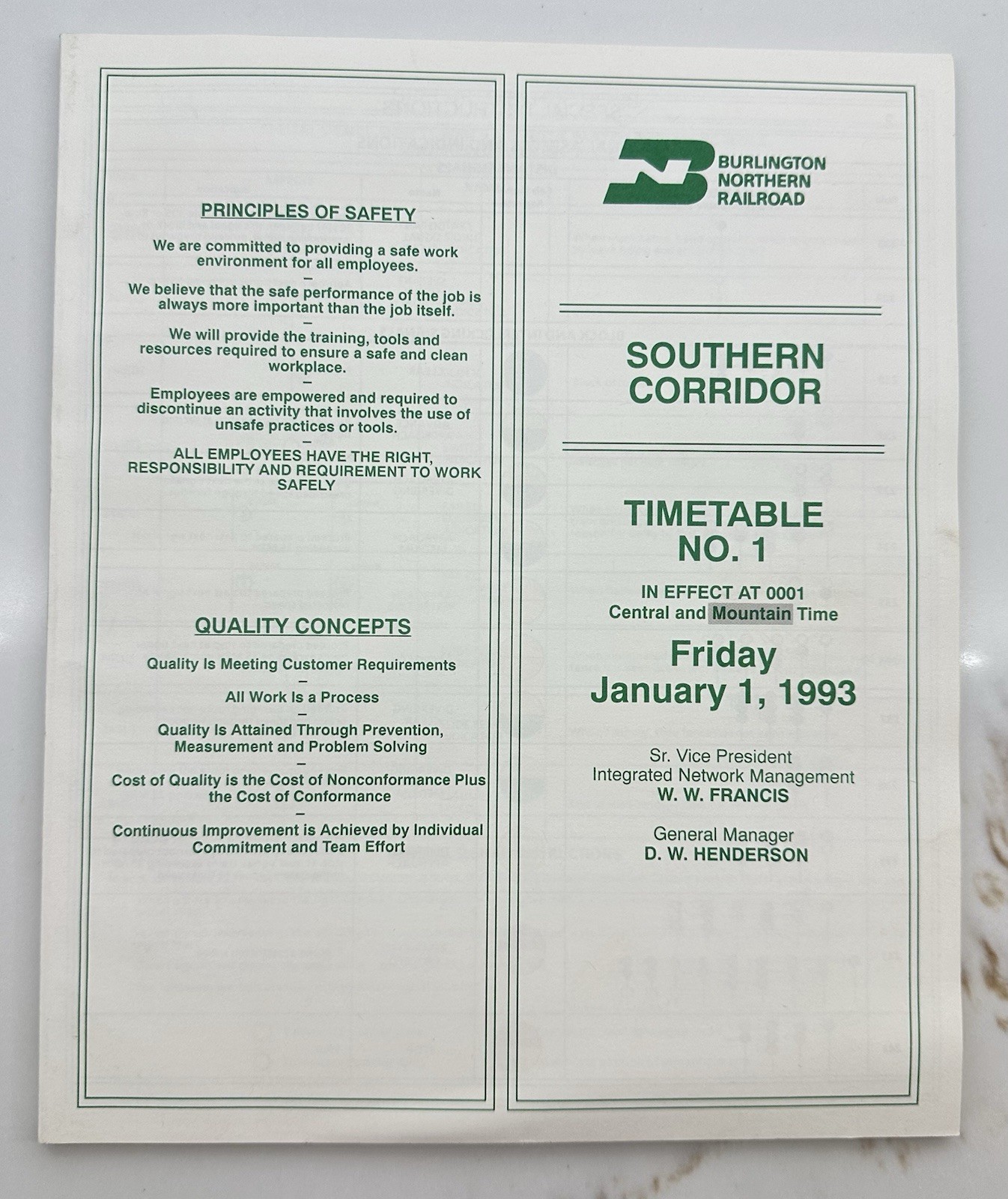 BN Southern Region ETT No  1  1/1/1993 Burlington Northern Railroad employee Tim