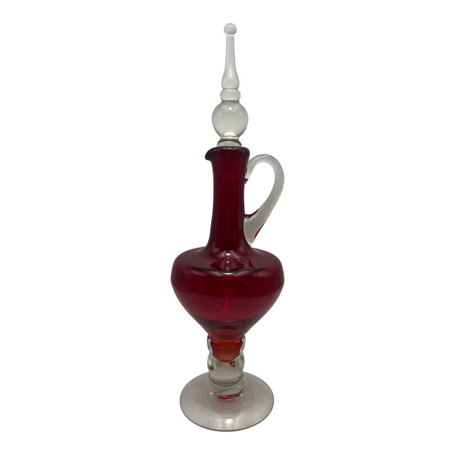 Vintage Bischoff MCM Ruby Red Glass Bubble Stem Decanter W/Stopper