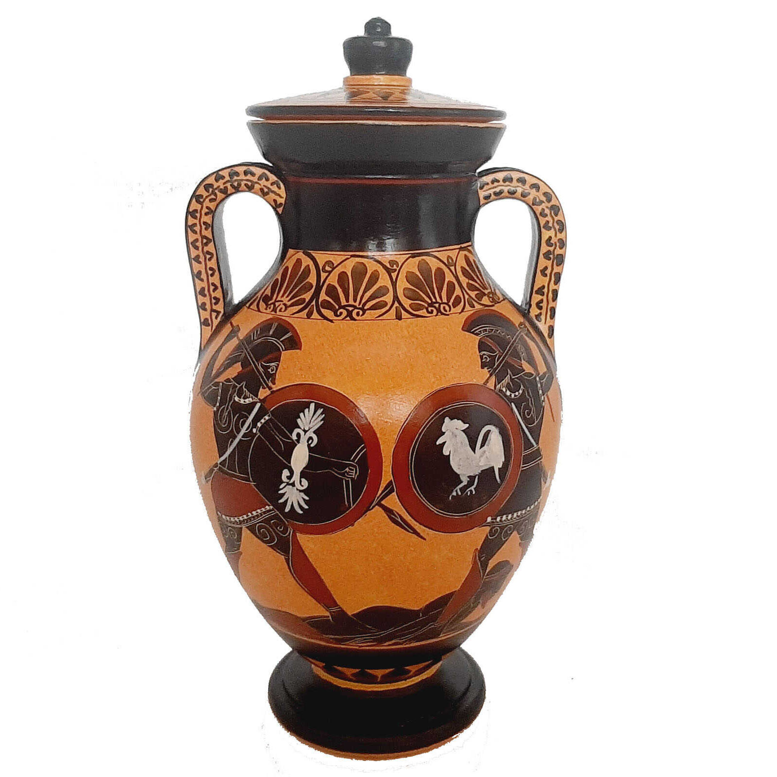 Ajax vs Hector over Patoclus Body,Black figure pottery, lid Amphora 24cm
