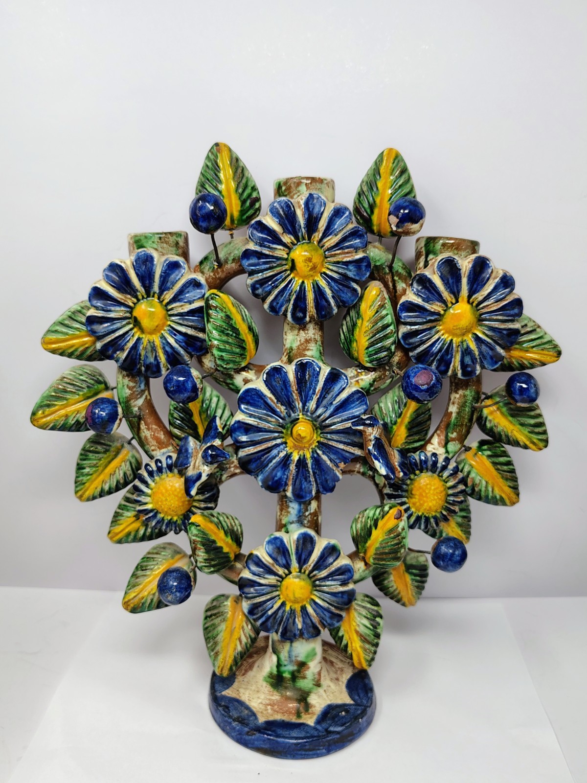 Mexican Folk Art Tree of Life Candelabra Metepec Pottery Birds Daisy 11\