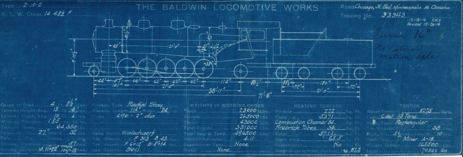 1916 CStPM&O Blueprint Drawing Baldwin 2-10-2 Chicago St. Paul Minneapolis Omaha 1916 CStPM&O Blueprint Drawing Baldwin 2-10-2 Chicago St. Paul Minneapolis Omaha