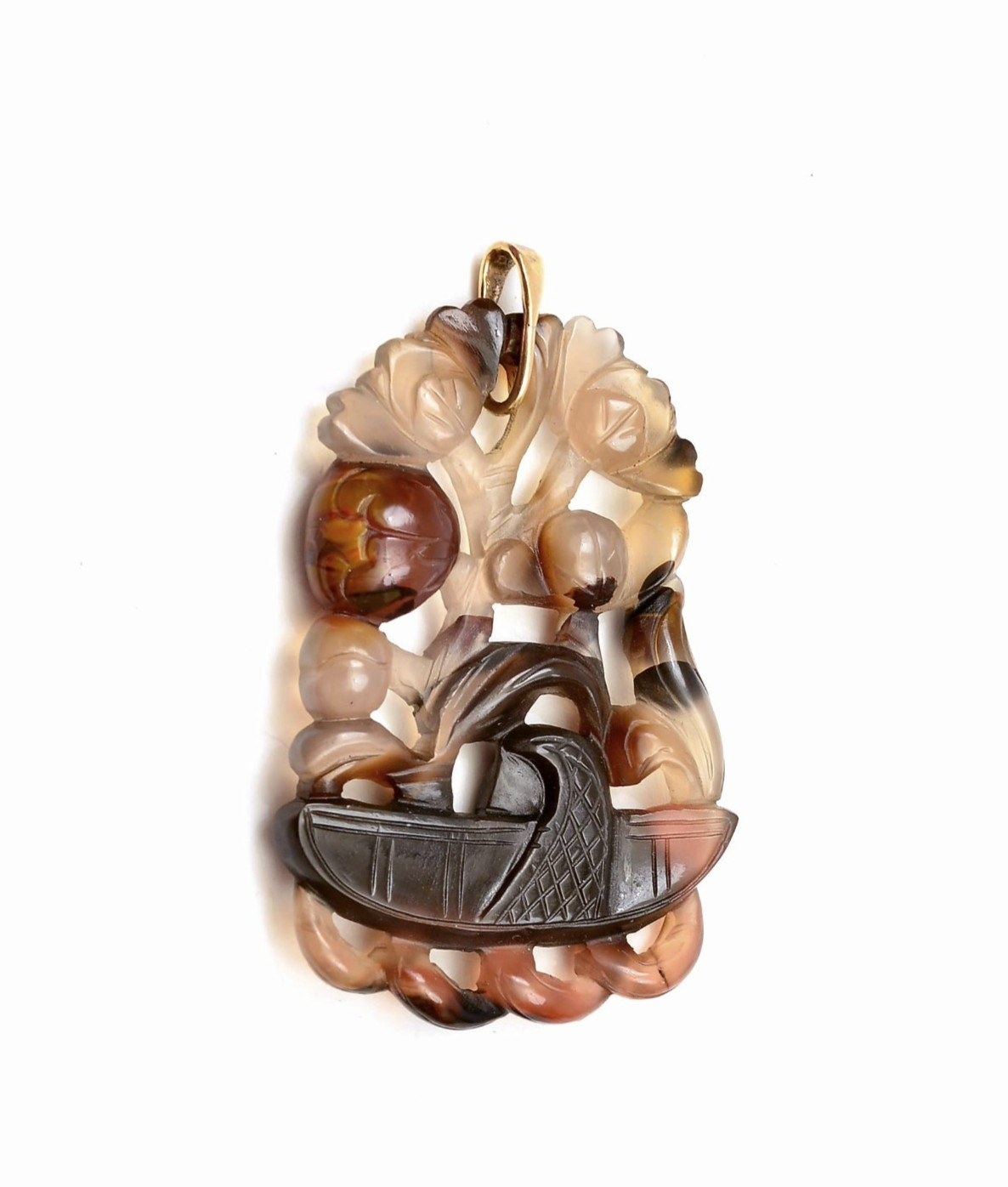 Old Chinese Agate Carved Carving Flower Basket Planter Necklace Pendant