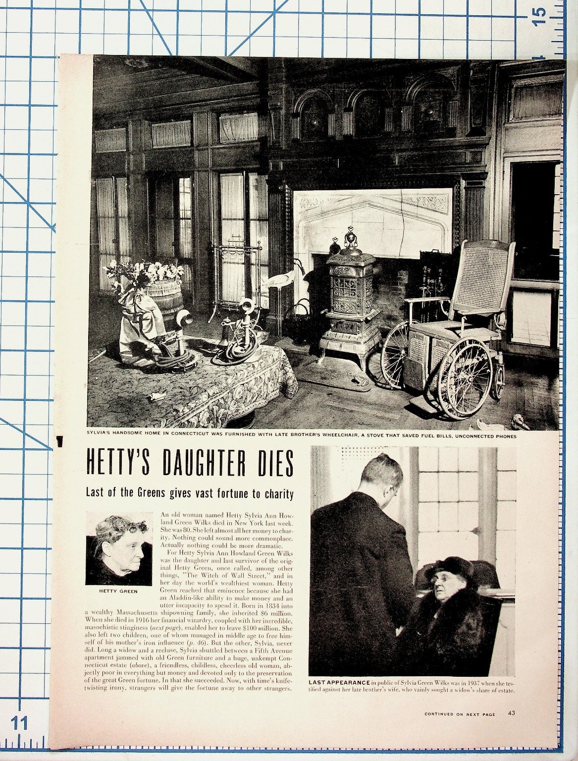 1957 Hetty Green Sylvia Wilks Last of the Greens Magazine Article Ephemera 1957 Hetty Green Sylvia Wilks Last of the Greens Magazine Article Ephemera