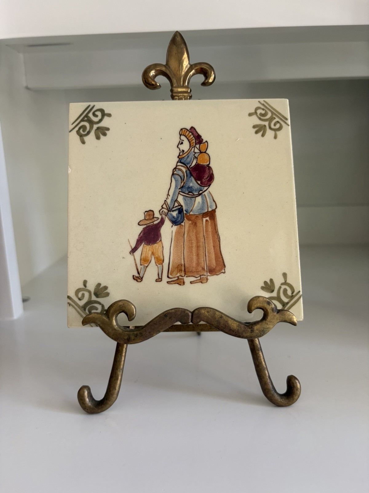 Vintage Hand Painted Ceramic Art Tile European Folk Art Mother Child Stamp 79***