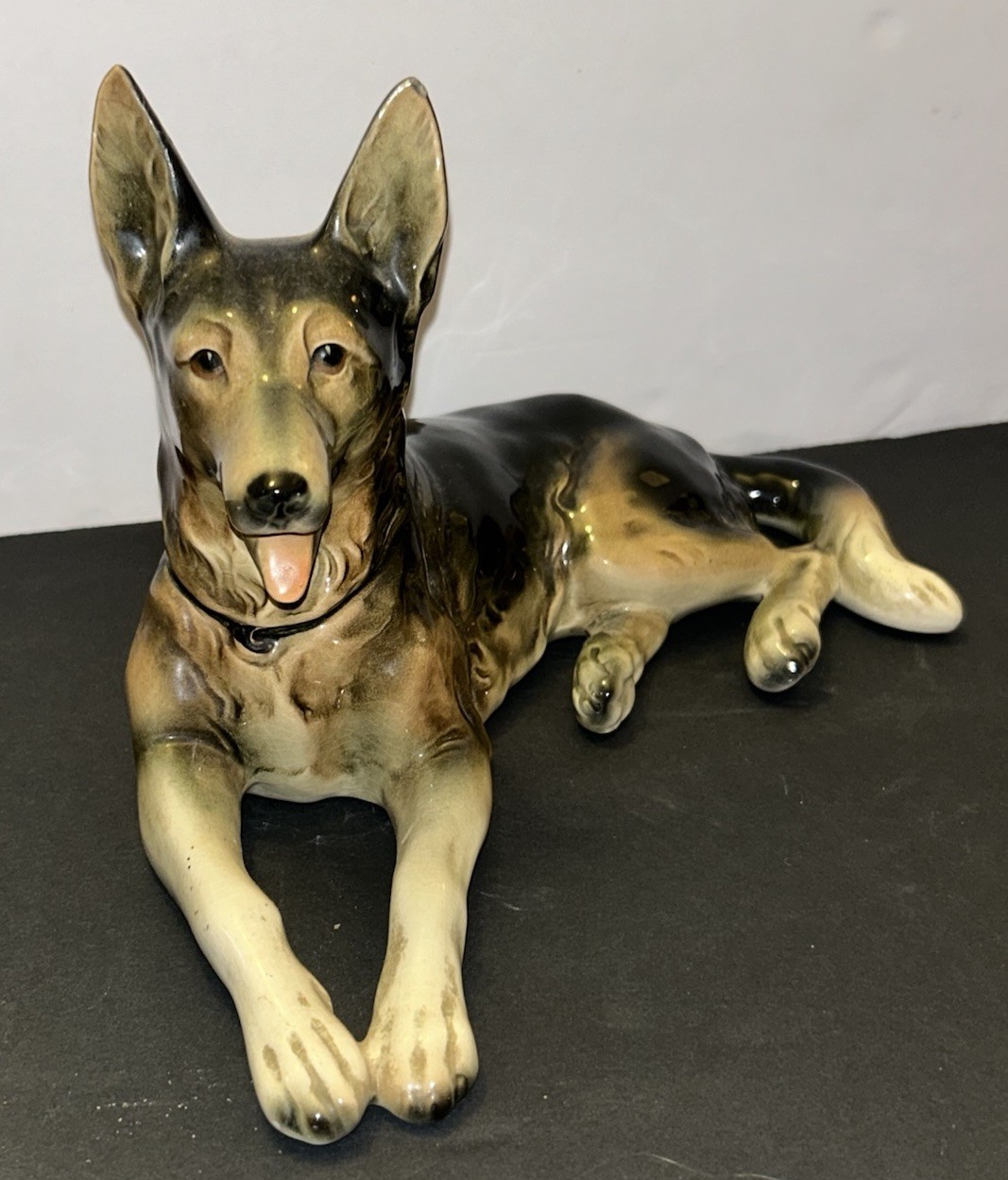 VTG 1950\'s Large Porcelain Laying German Shepard Dog Figurine•12”•German Made