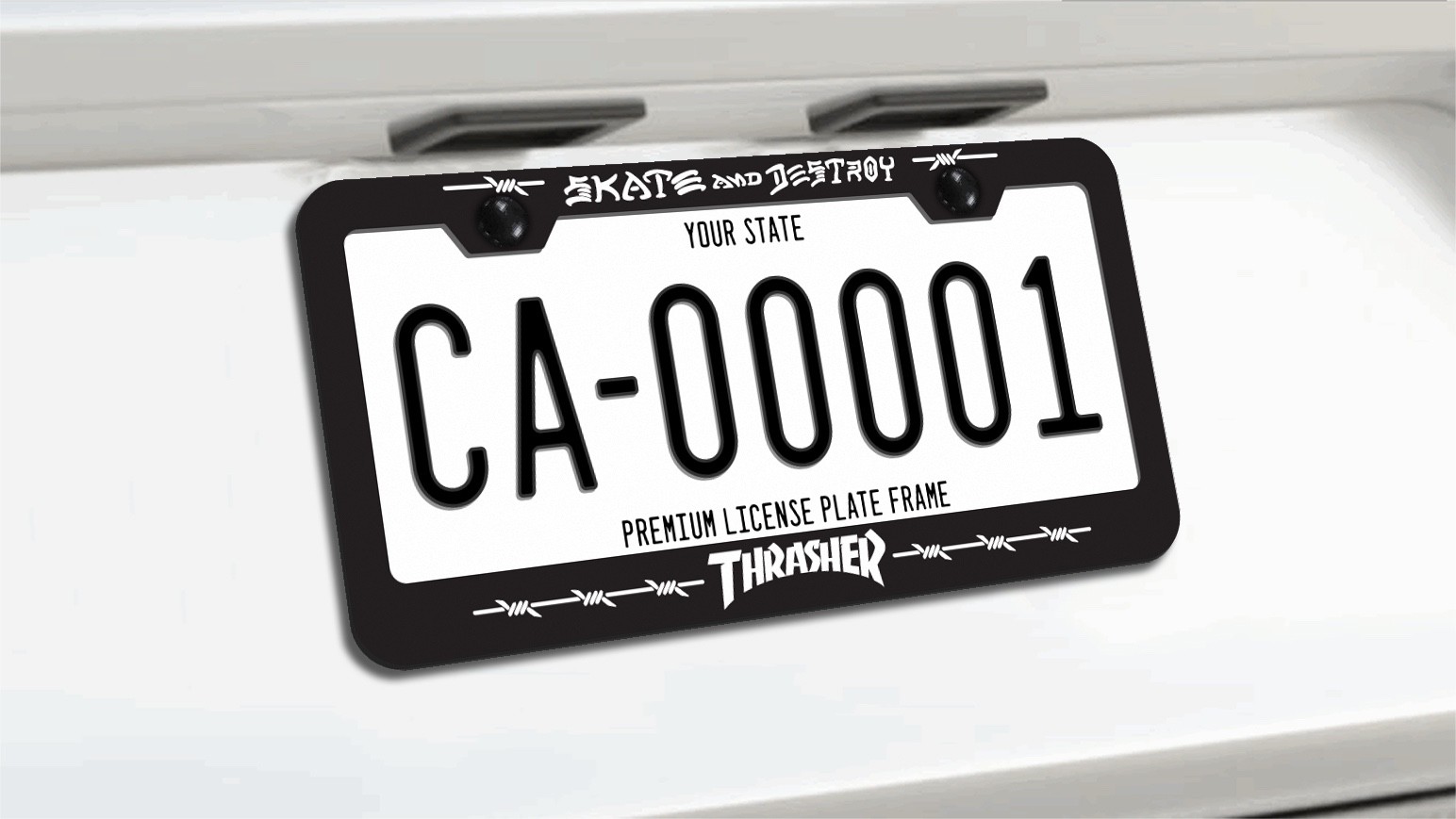Thrasher BARBED WIRE SKATE AND DESTROY License Plate Frame BLACK Thrasher BARBED WIRE SKATE AND DESTROY License Plate Frame BLACK