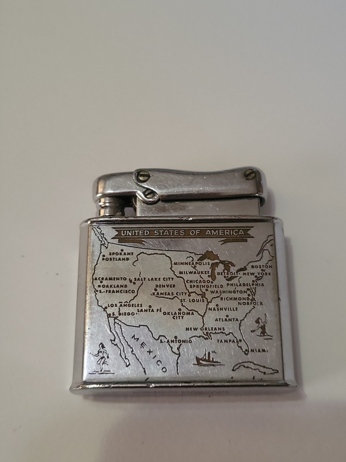 Vintage 1950s Colibri Monopol Automatic Pocket Lighter United States Map Rare 