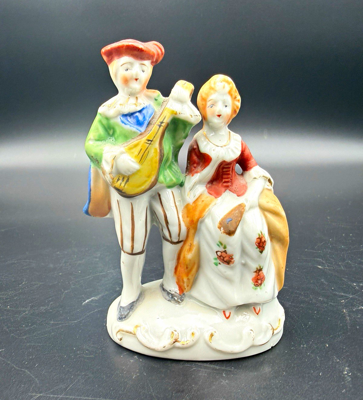 Occupied Japan Victorian Musical Couple Figurine, Hand-Painted Porcelain Statue