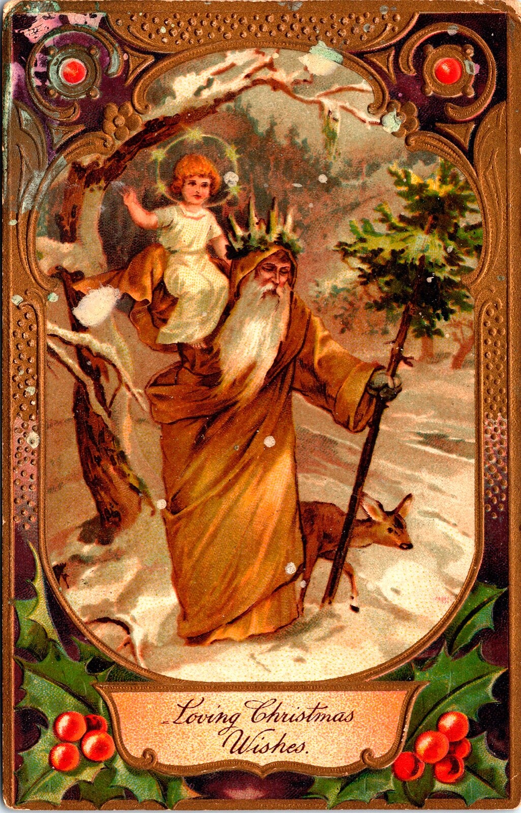 Vintage 1910 Gold Robe Santa Claus with Baby Jesus Antique Christmas Postcard