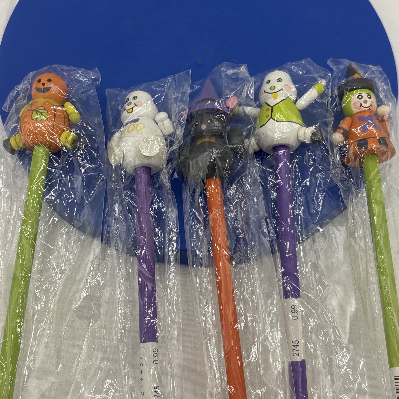 5 Vtg 90s Halloween Pencils Wooden Toppers Pumpkin Ghosts Black Cat Witch