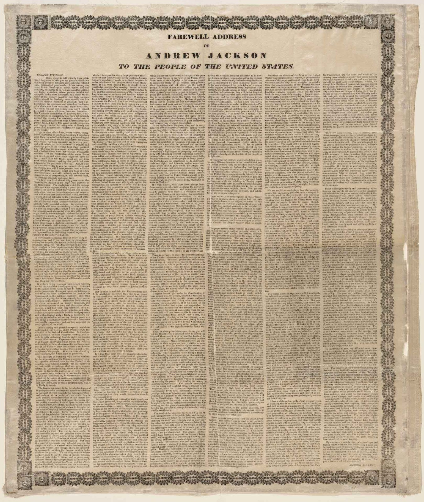 1837 'Farewell Address of Andrew Jackson to the People of the United States'