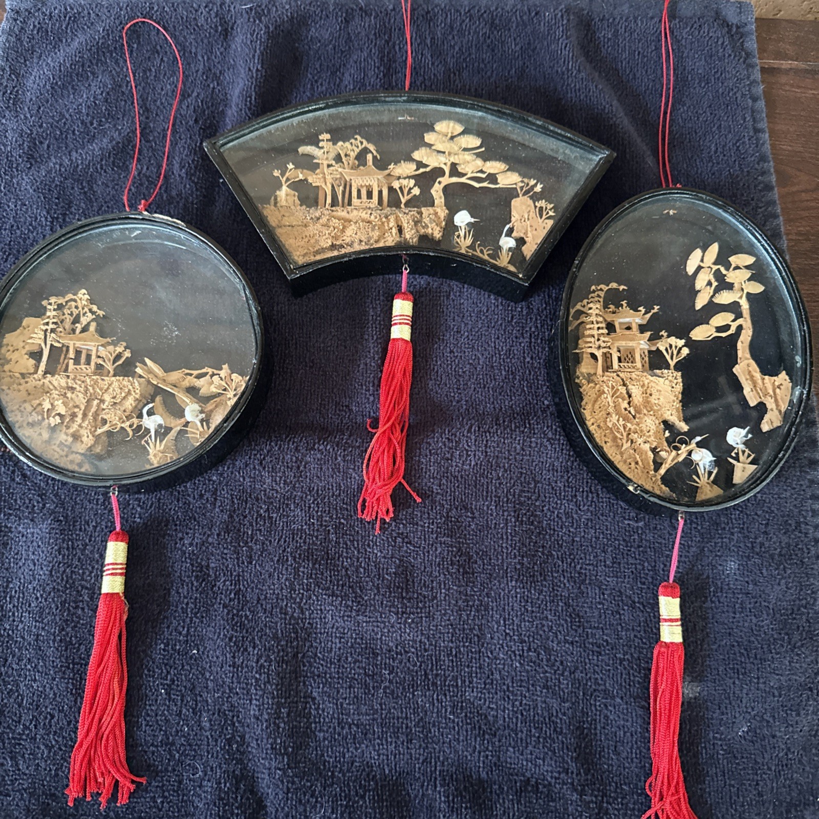 🧧Vintage Chinese Hand Carved Cork Diorama Wall Hangings Set 3 Tassels 🧧Vintage Chinese Hand Carved Cork Diorama Wall Hangings Set 3 Tassels