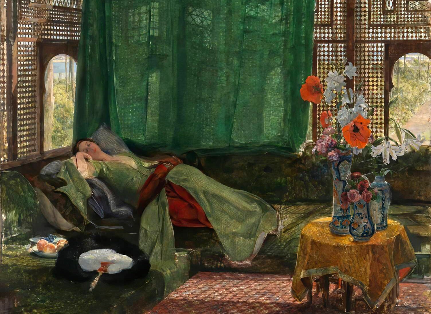Oil painting John-Frederick-Lewis-The-Siesta young lady girl sleeping