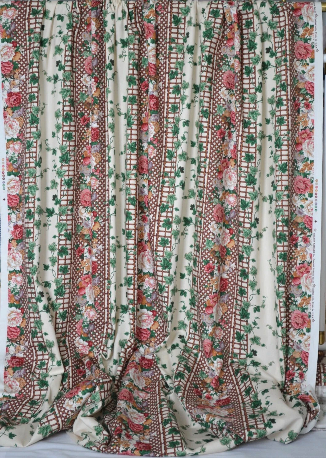 4 drapes Authentic Sharon Kessler Lattice Stripe & English Ivy New/Old Stock USA