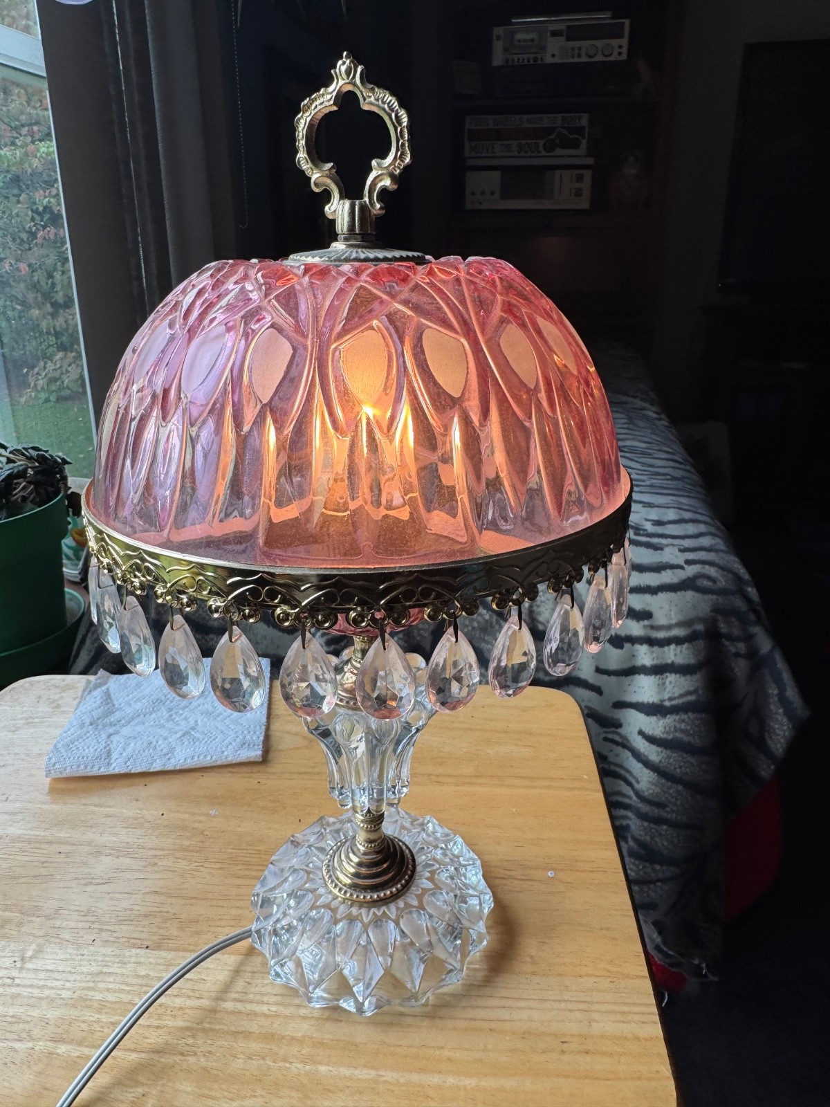Vintage Michelotti Cranberry Crystal Boudoir Lamp with Prisms Vintage Michelotti Cranberry Crystal Boudoir Lamp with Prisms