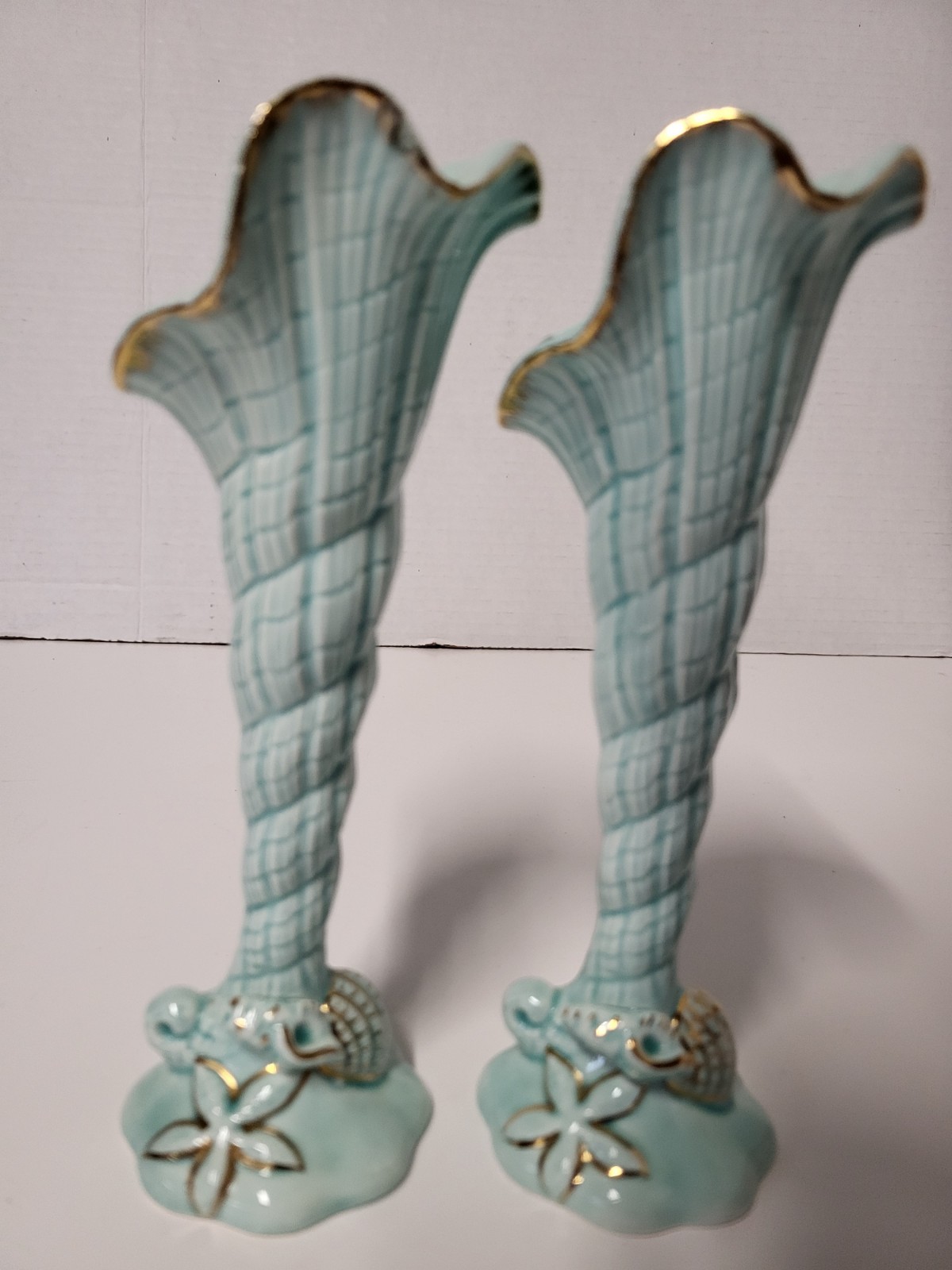 Pair RARE Vintage 1962 Napco Japan Tropic Sea Turquoise Shell Embossed Vases