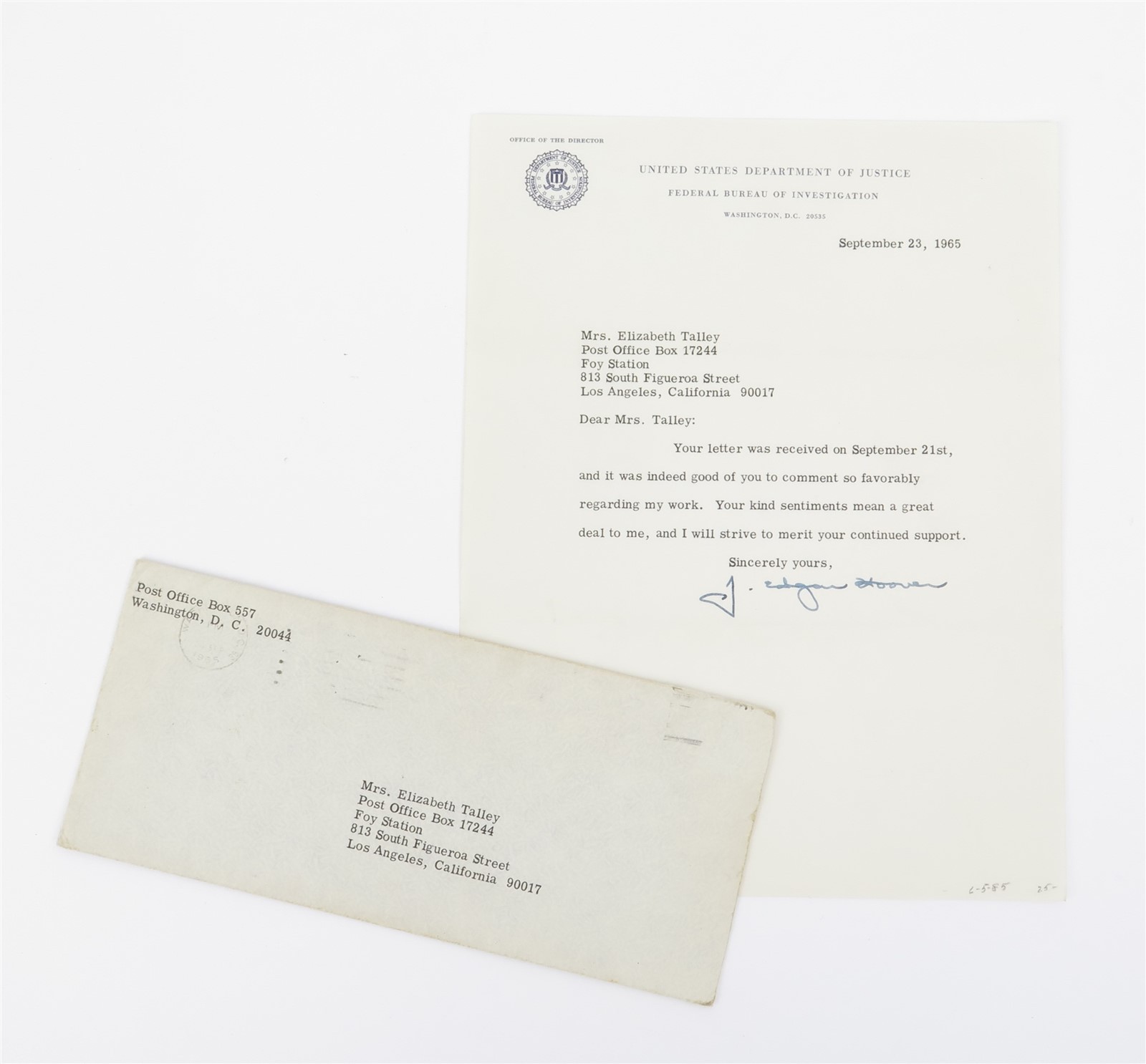 J. Edgar Hoover SIGNED Letter FBI Watermarked Paper Envelope September 23, 1965 J. Edgar Hoover SIGNED Letter FBI Watermarked Paper Envelope September 23, 1965