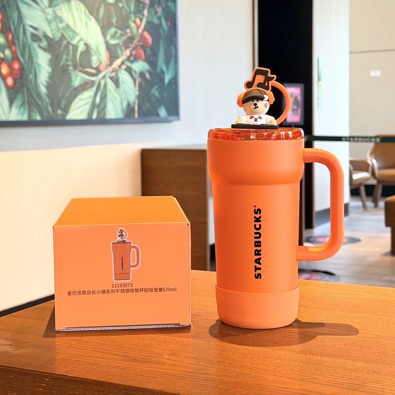 2026 Starbucks Bearista Orange 670ml Stainless Steel Tumbler W/ Bear Lid & Straw