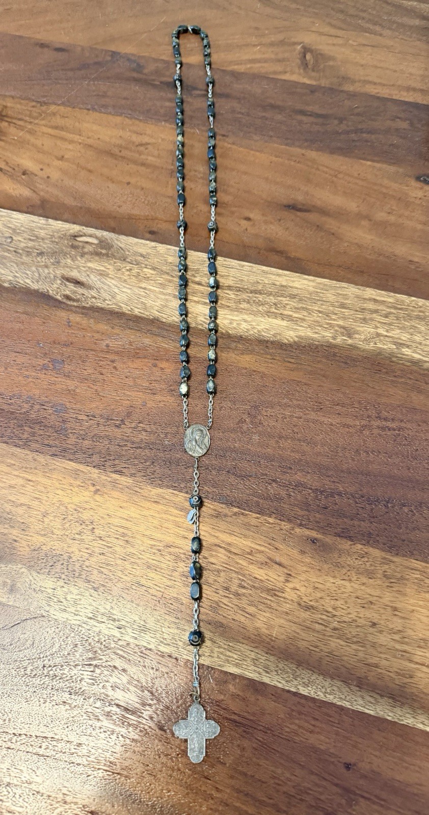Vintage French Rosary Stone Beads 4-Way Scapular Cross Supra Decor ~20”