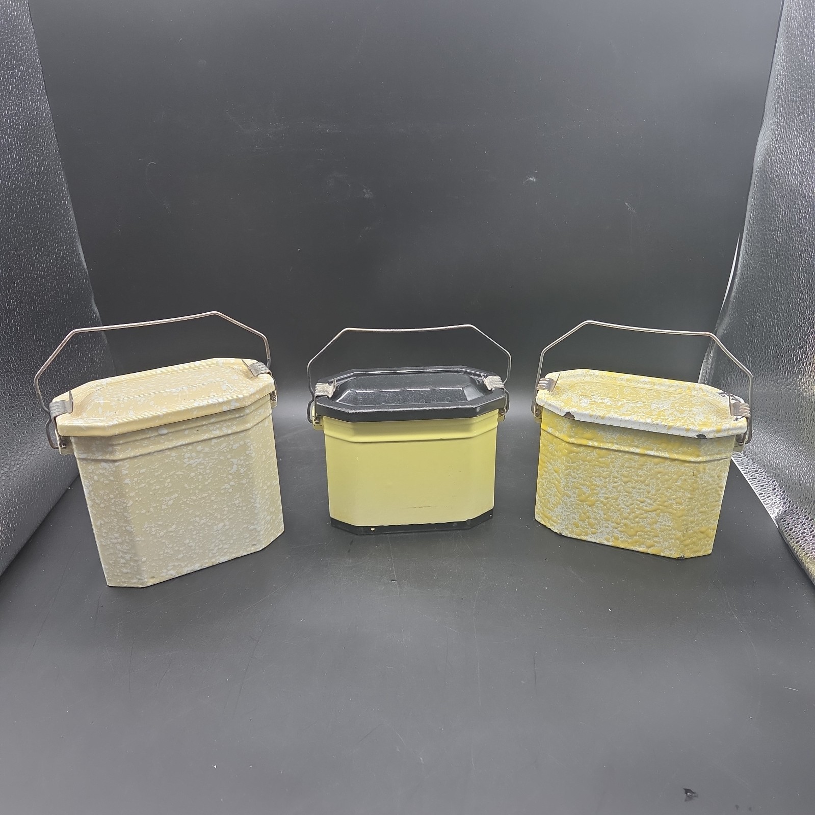 3 Vintage French Enamel Lunch Box Gamelle Set Yellow Speckled Graniteware Trays