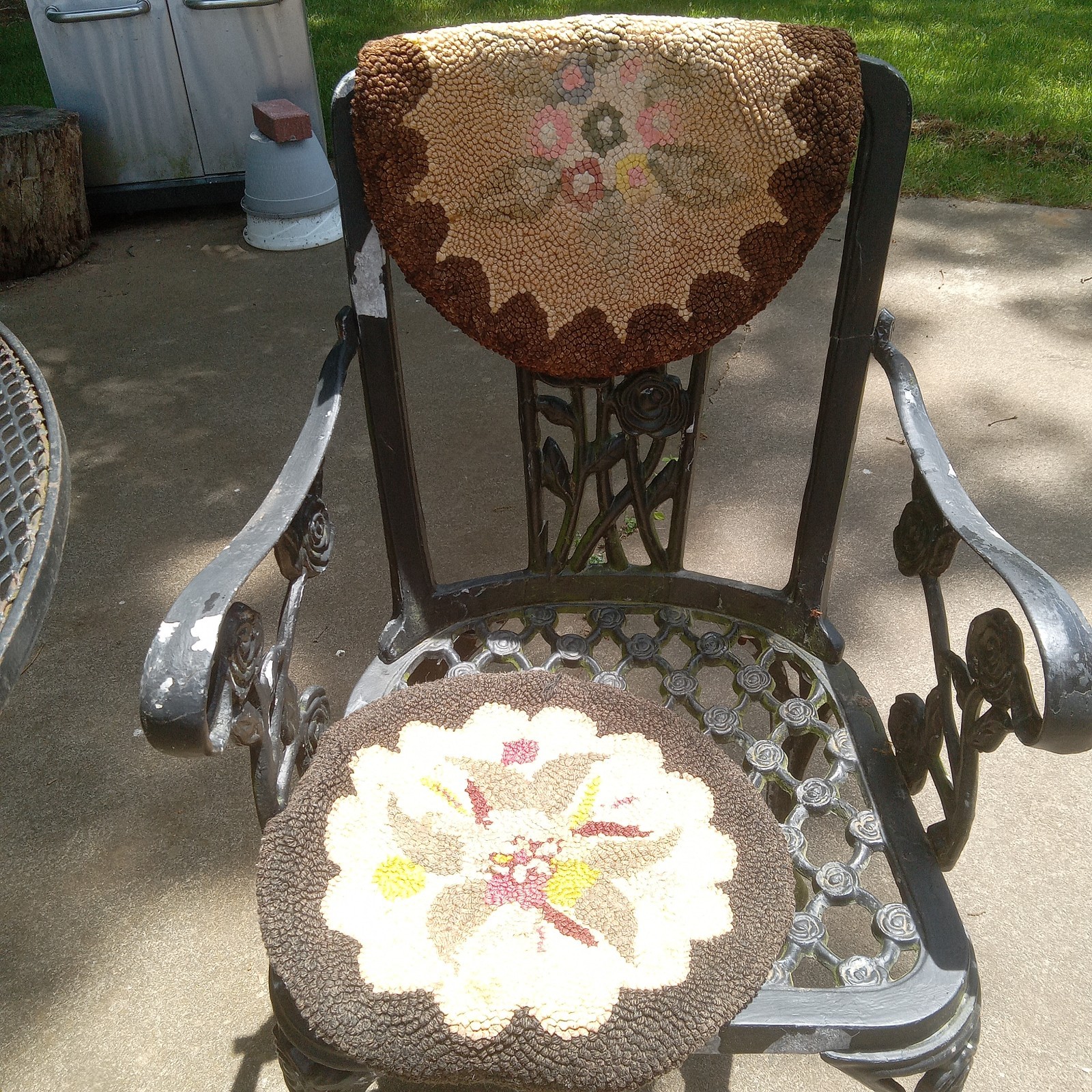 Vintage Antique Hand Hooked Floral Rug Chair Pads Covers Lot Of 2 Cottagecore 