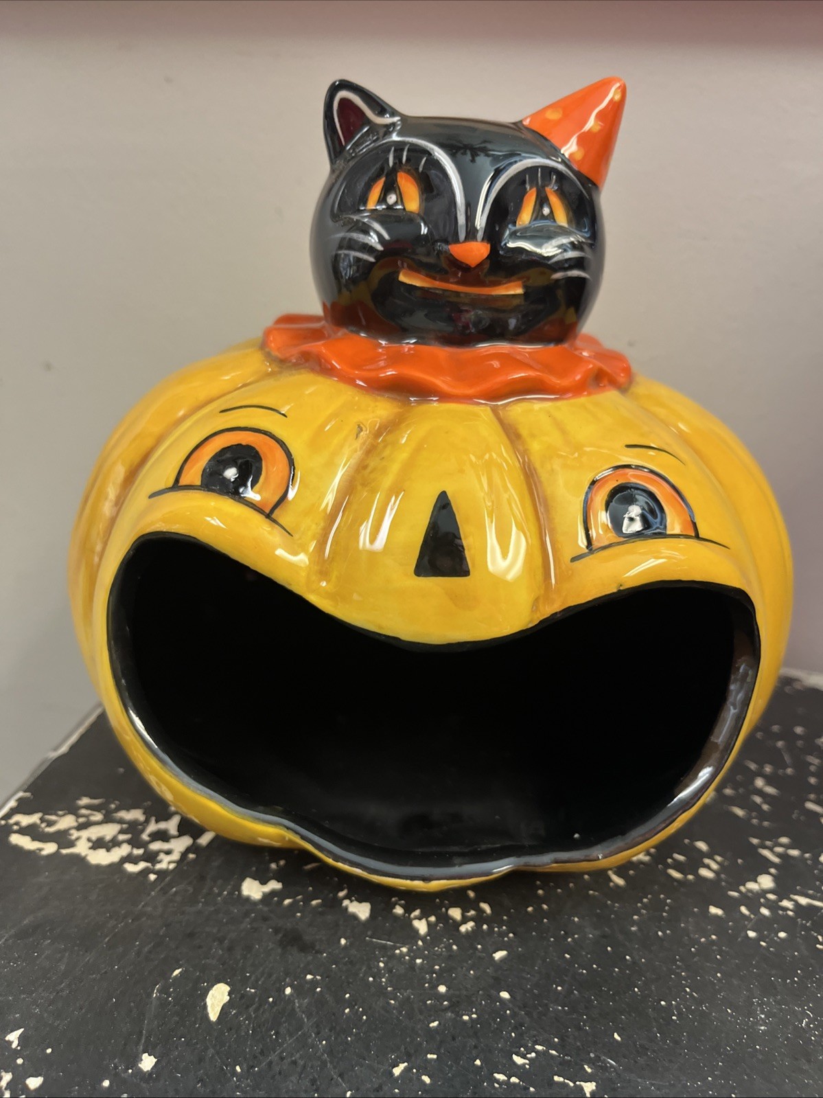 Johanna Parker Halloween Black Cat On Pumpkin Big Mouth Candy Holder Small