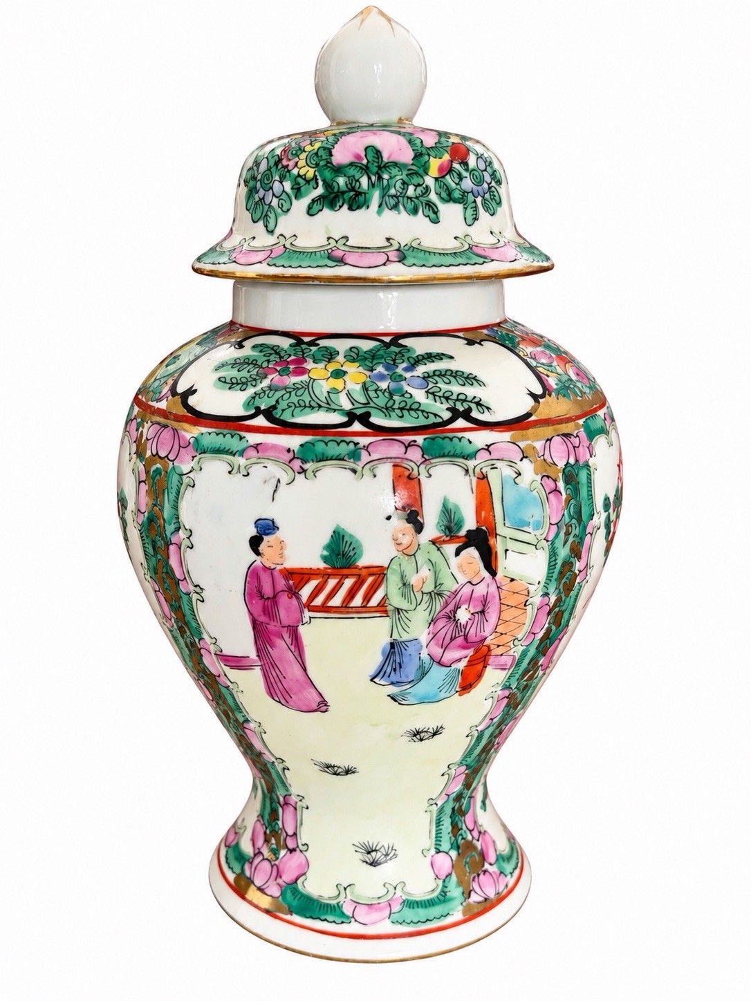 Vintage Asian Chinese Rose Medallion Famille Rose Small Lidded Temple Jar 10”