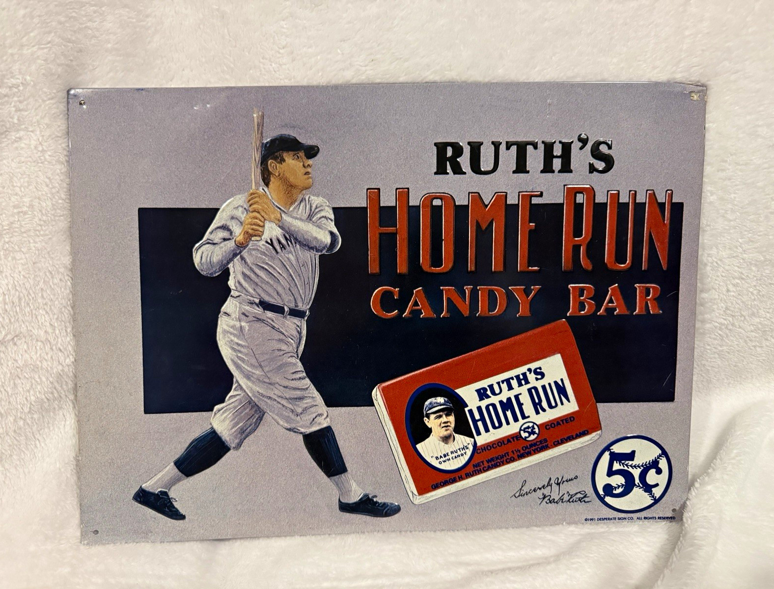 1991 Babe Ruth Home Run Candy Bar Embossed Tin Metal Sign Yankees Vintage 16x12