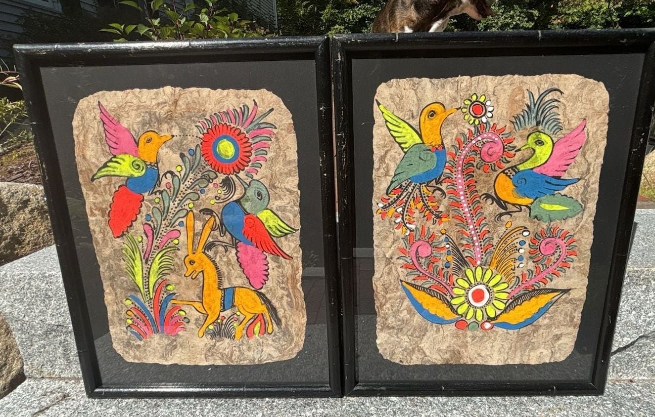 Vintage Mexican Folk Art Amate Bark Painting Framed Set