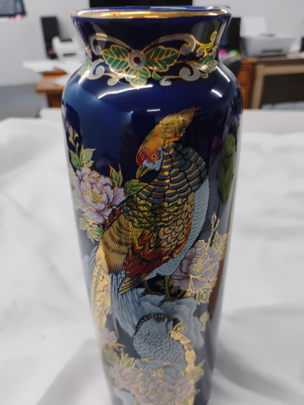 Vintage Japanese Kutani Cobalt Blue Porcelain Vase - Pheasant & Peony Motif
