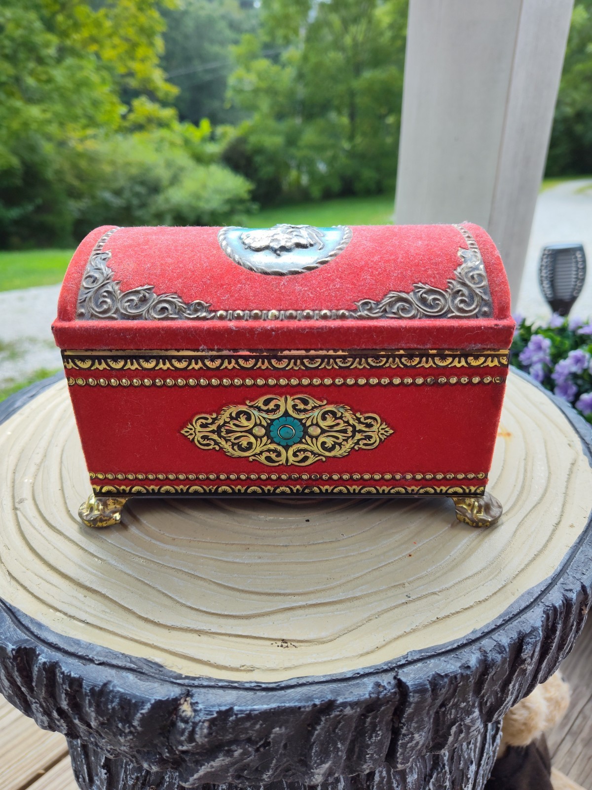 Vintage West Germany Metal Treasure Tin Box Red & Turquoise Estate