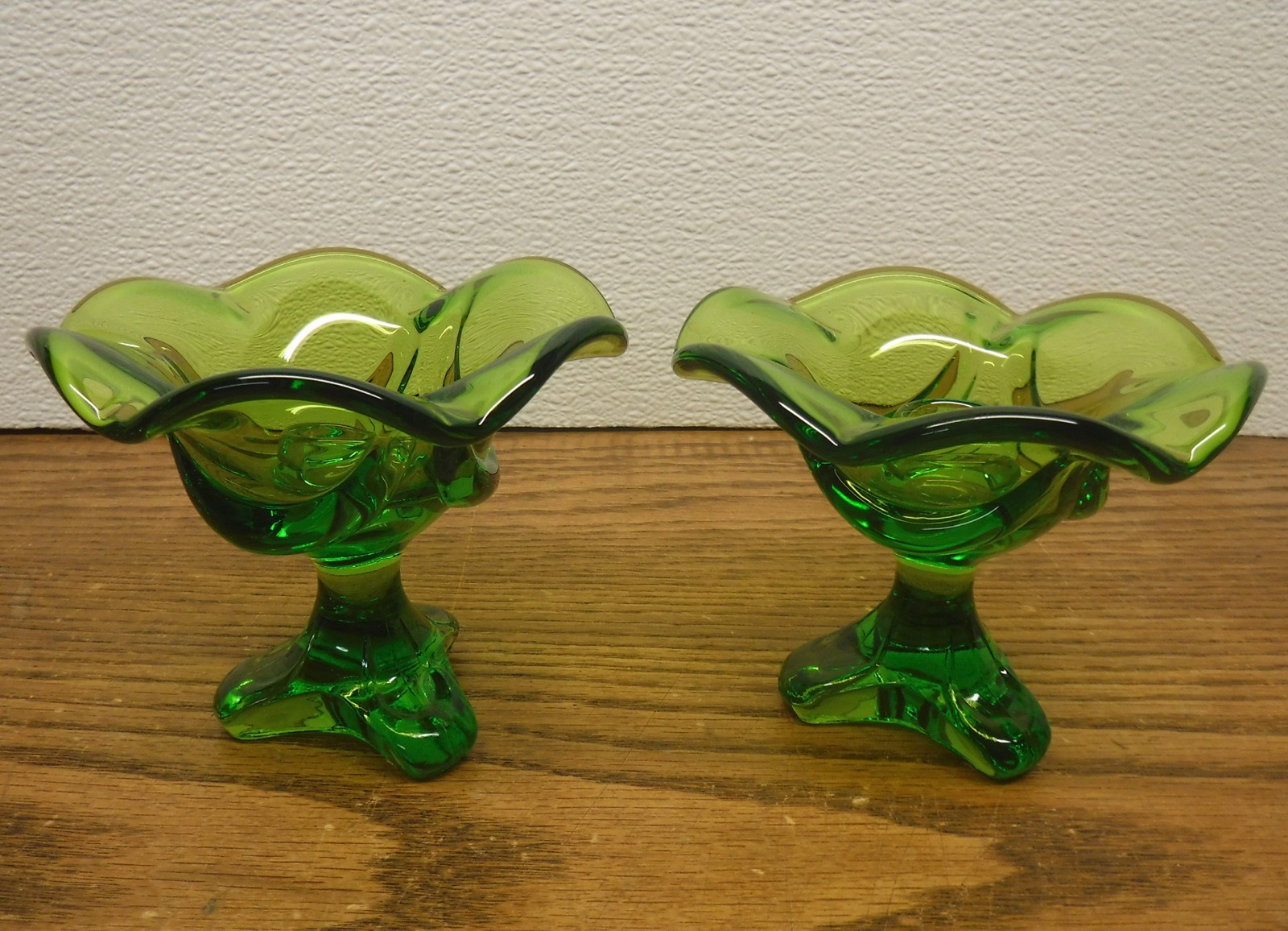 Vintage pr 1960's Viking Glass Green Candlestick Holders 4
