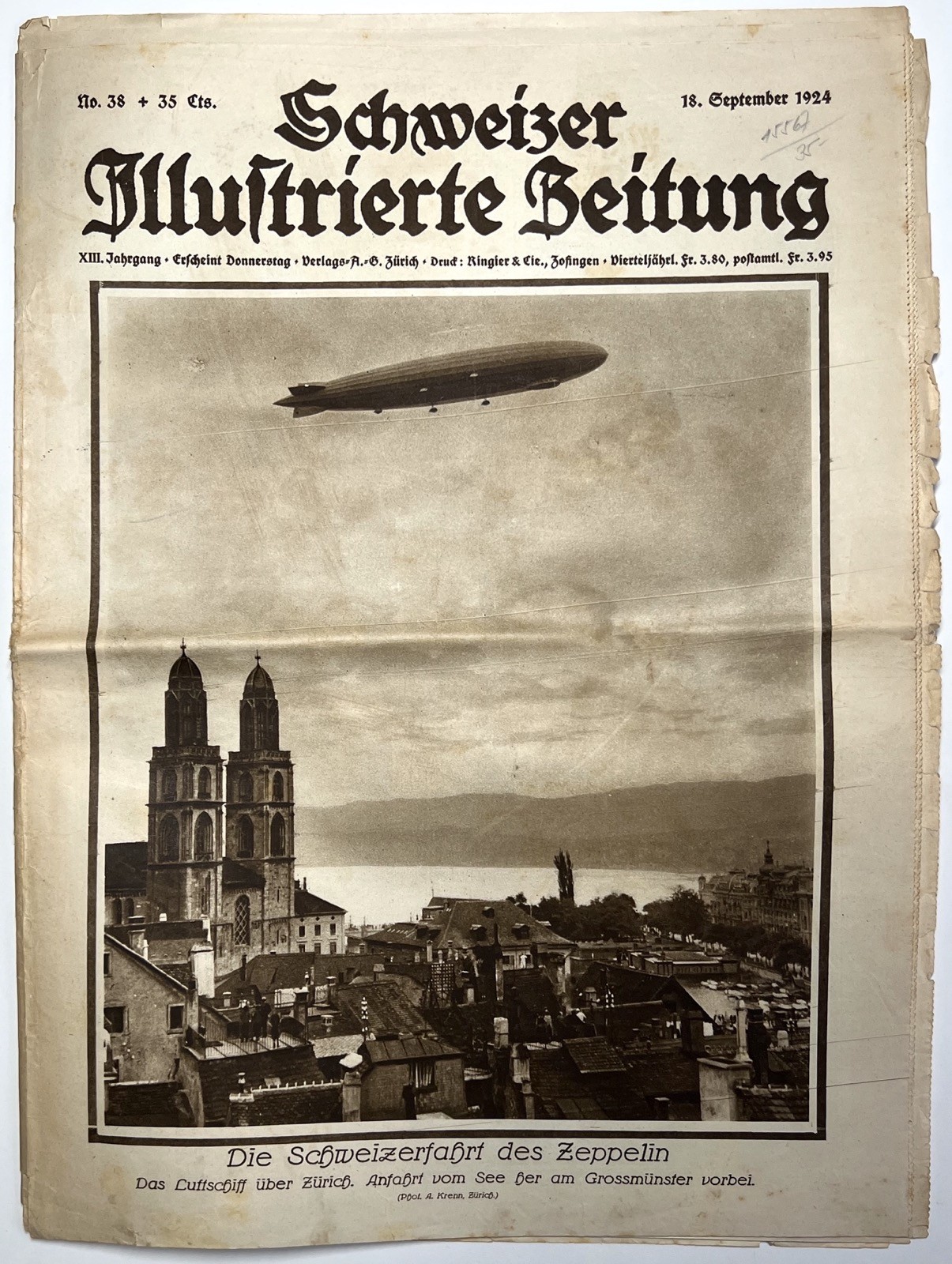 1924 SCHWEIZER ILLUSTRIERTE ZEITUNG ZEPPELIN OVER ZURICH GROSSMUNSTER EURO NO 38