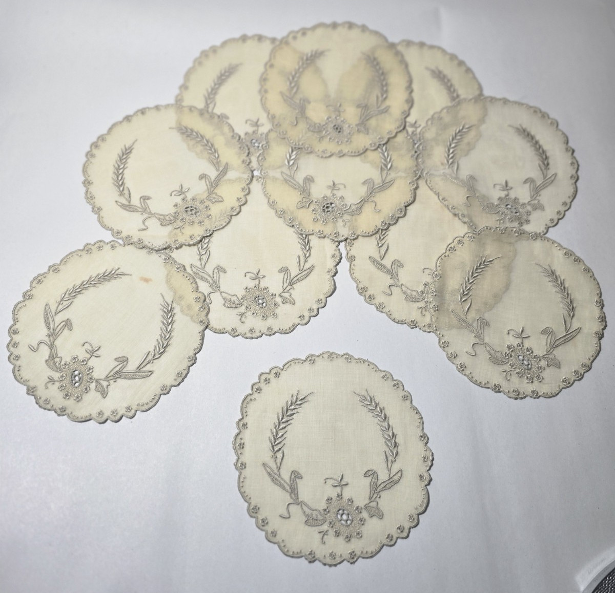 VTG Marghab Linen Wheat Hand Embroidered Scalloped Round Mats Coasters Set 11 VTG Marghab Linen Wheat Hand Embroidered Scalloped Round Mats Coasters Set 11