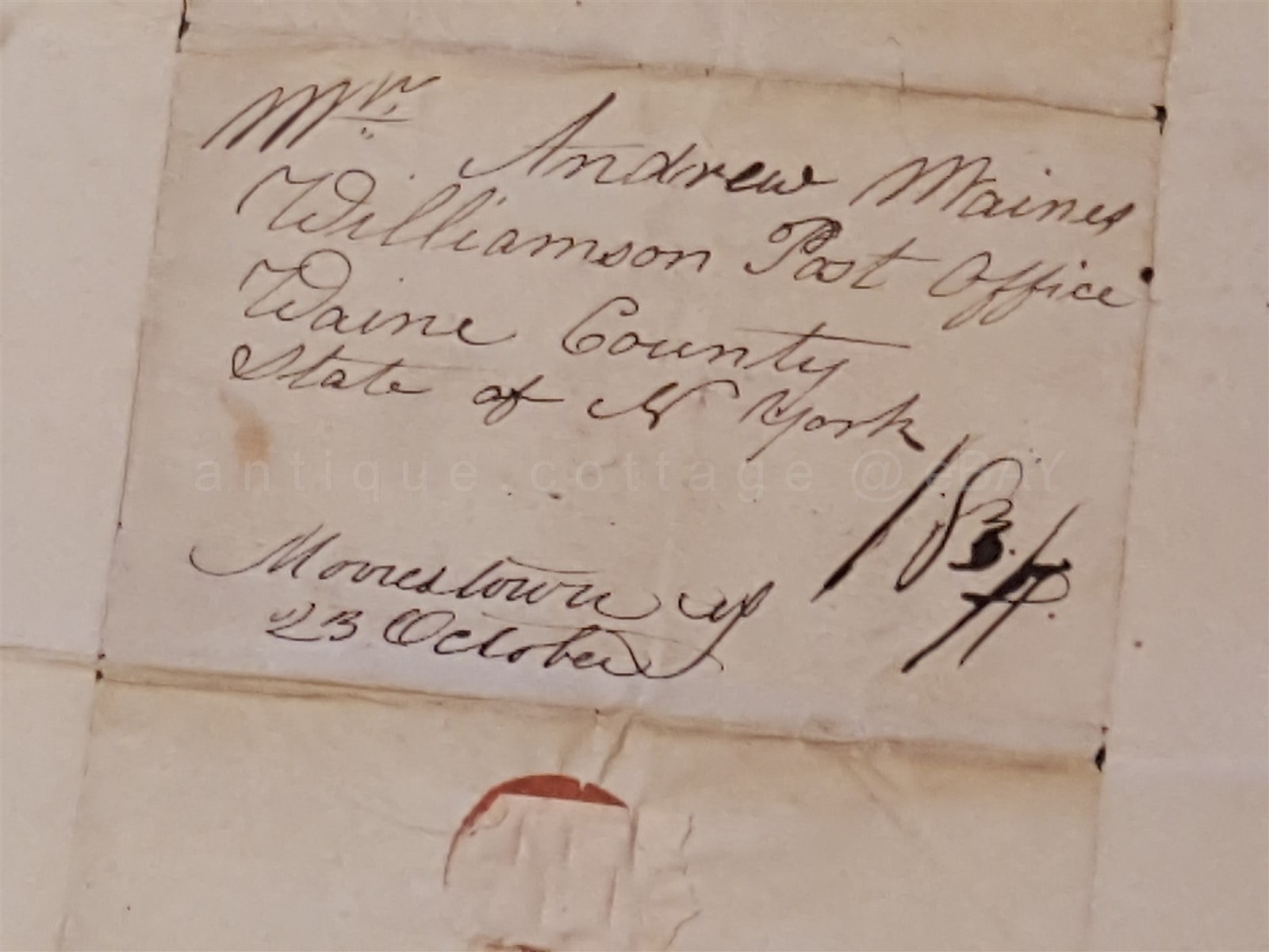 1838 antique STAMPLESS COVER LETTER moorestown nj MAINES wayne co ny 