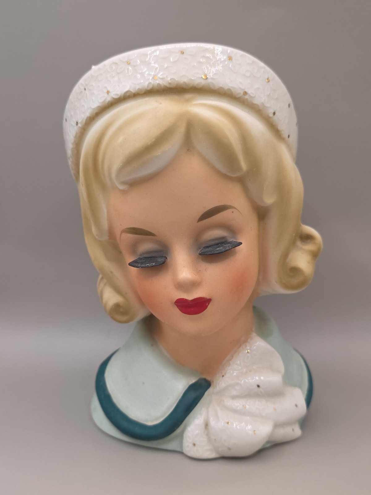 Vintage Blonde Lady Head Vase/Planter Green And White Top w/Matching Hat Vintage Blonde Lady Head Vase/Planter Green And White Top w/Matching Hat