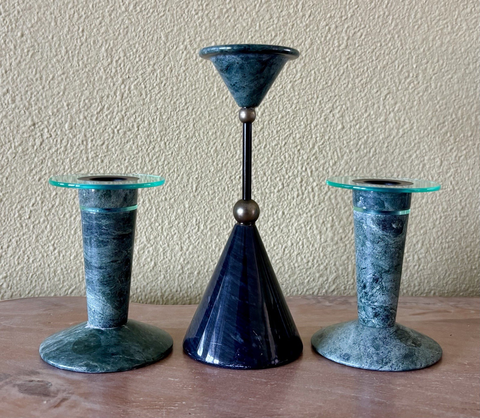 3 VTG MCM Post Modern Memphis Style Avant Garde Green Marble Candlestick Holders