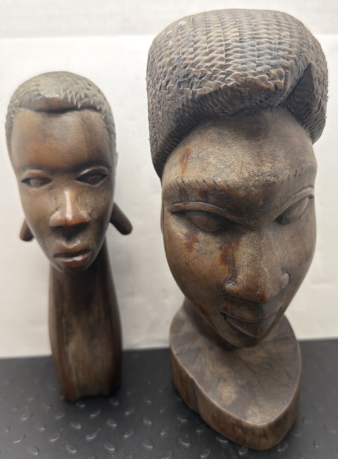 Vtg. African Hand Carved Wood Bust Sculptures Pair Matching Male Female MCM: 9A1