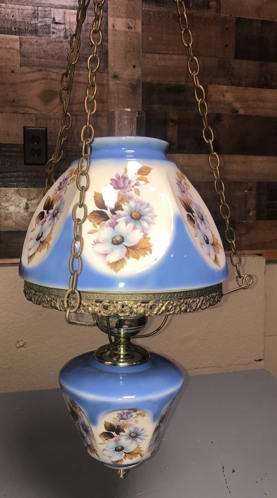 Vtg 60-70s Gone with the Wind Hurricane Hanging Swag Lamp Glass GWTW Blue Floral Vtg 60-70s Gone with the Wind Hurricane Hanging Swag Lamp Glass GWTW Blue Floral