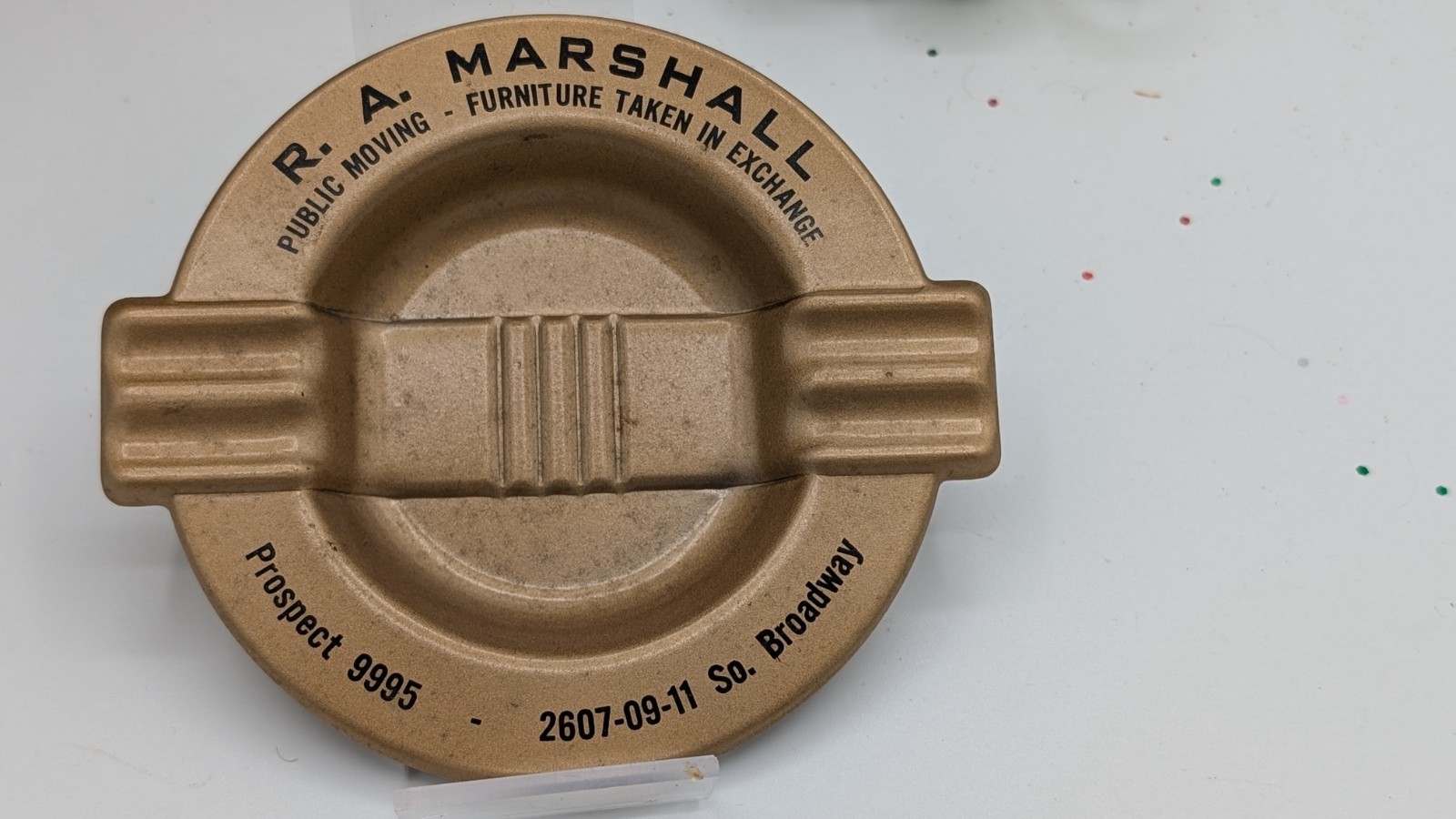 Vintage R.A. Marshall Advertising Ashtray Art Deco Brass Tone Tobacciana Moving
