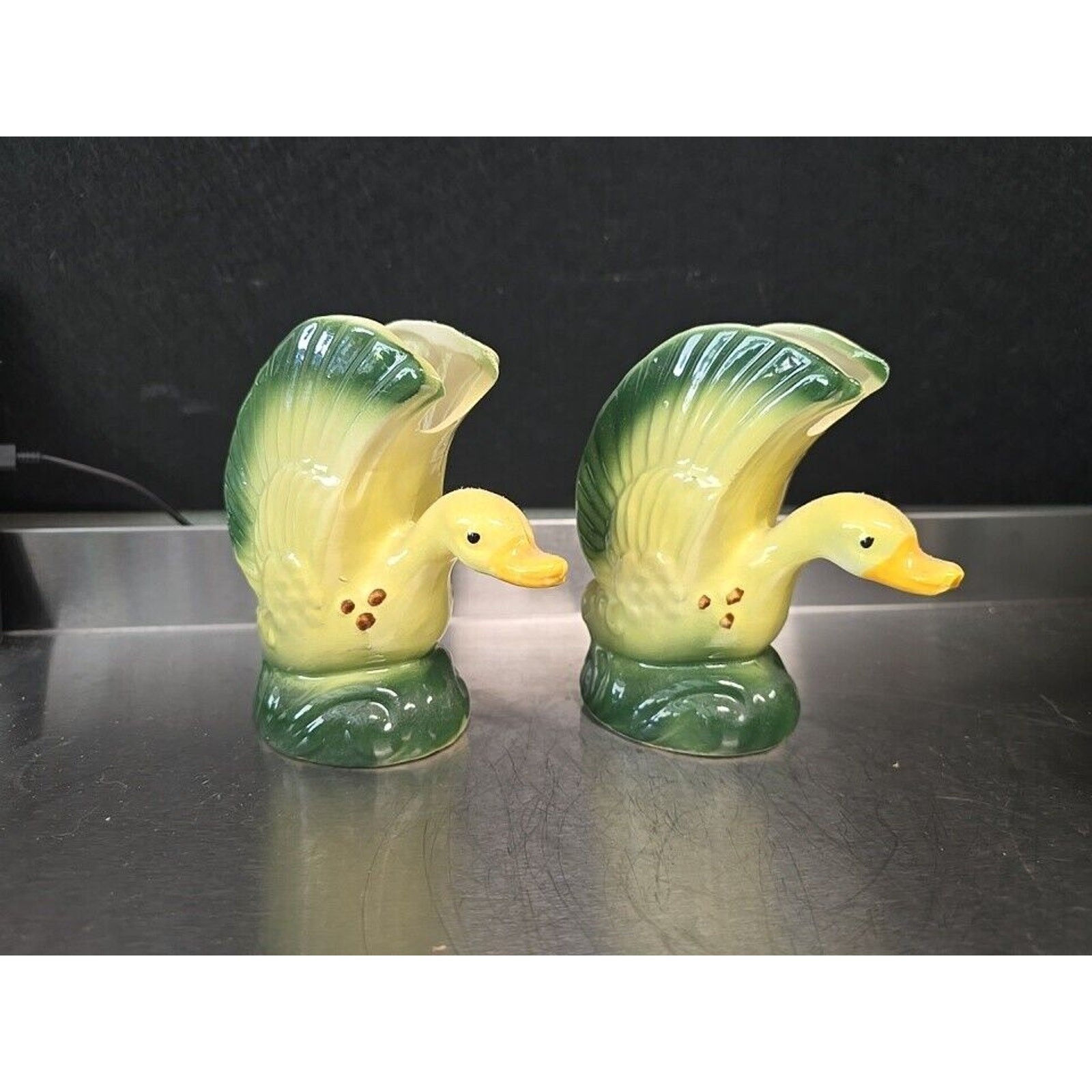 Vintage Pair of Yellow/Green Ceramic Duck Planters 5.5”