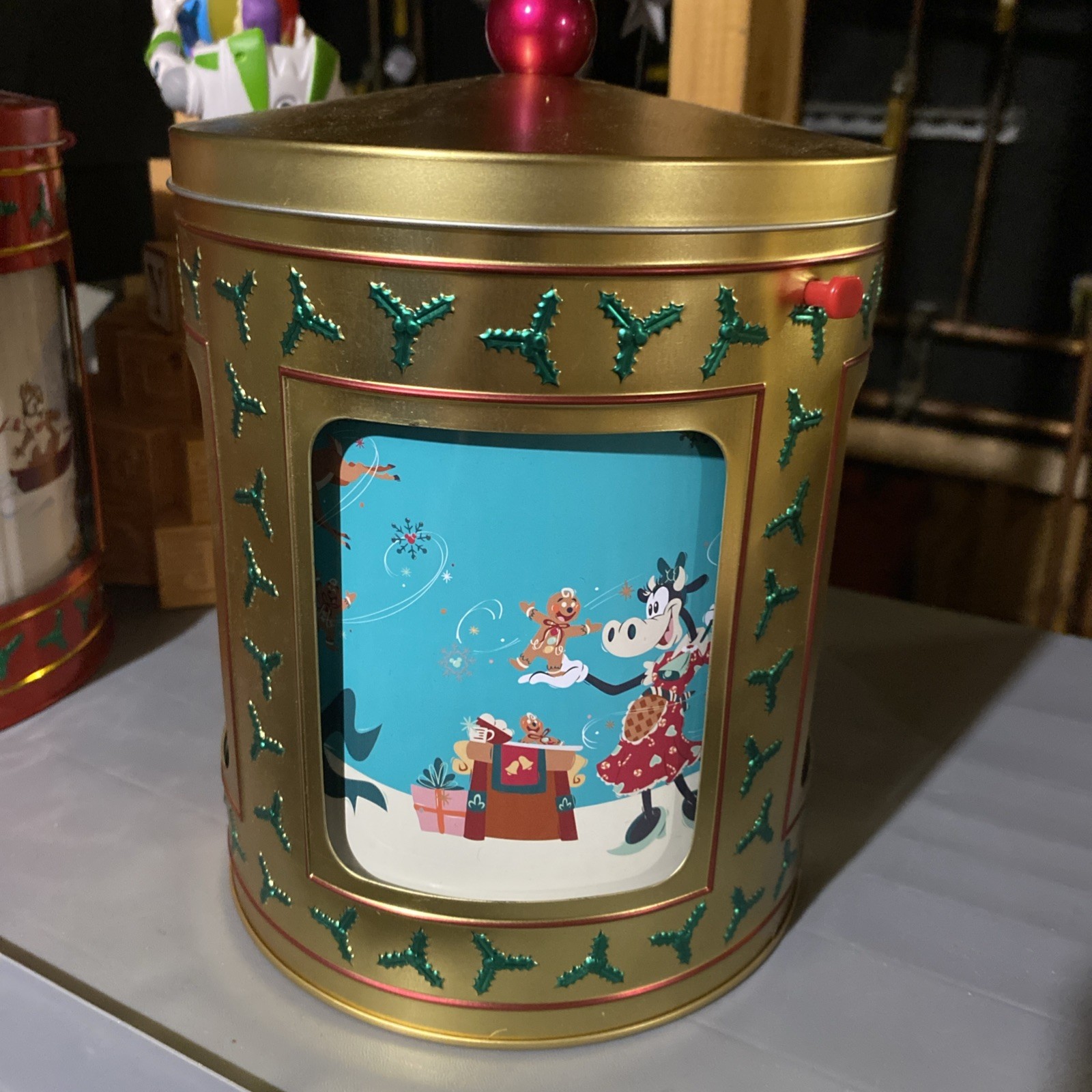 Disney Parks Christmas Holiday 2023 Gold Rotating Musical Tin Popcorn Bucket