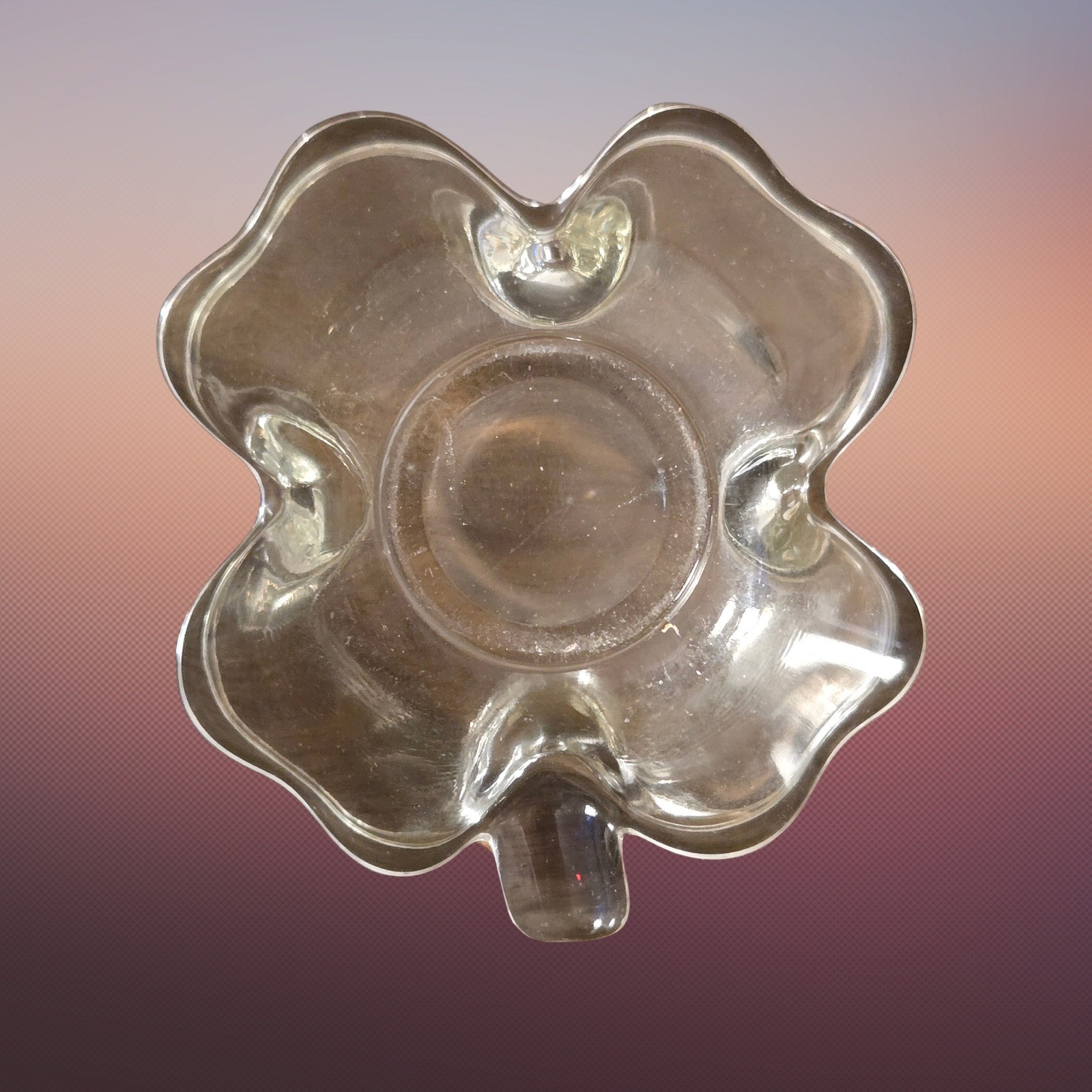 Vintage Clear Glass Shamrock Four Leaf Clover Ashtray Trinket Dish Lucky Decor