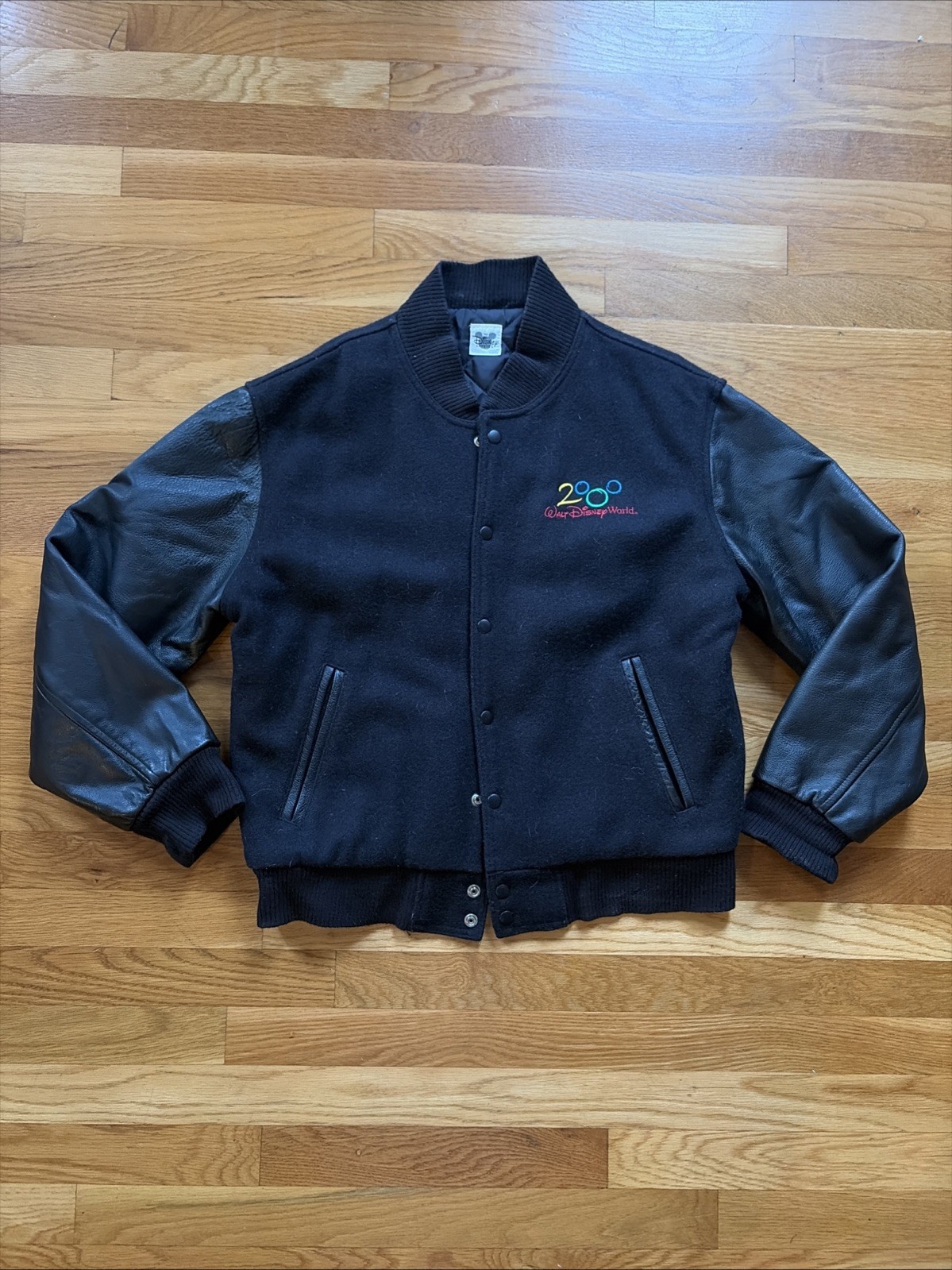 Vintage 2000 Walt Disney World Leather Wool Varsity Jacket Black USA Men’s Small