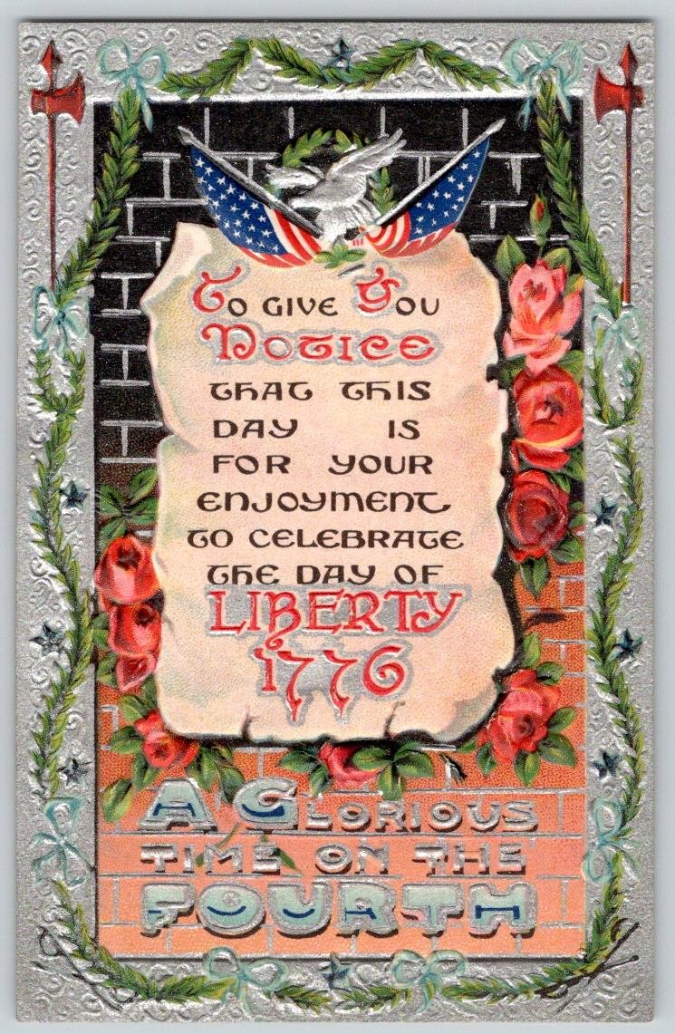 1907-10's A GLORIOUS TIME on the FOURTH 4th of JULY EMBOSSED PATRIOTIC POSTCARD