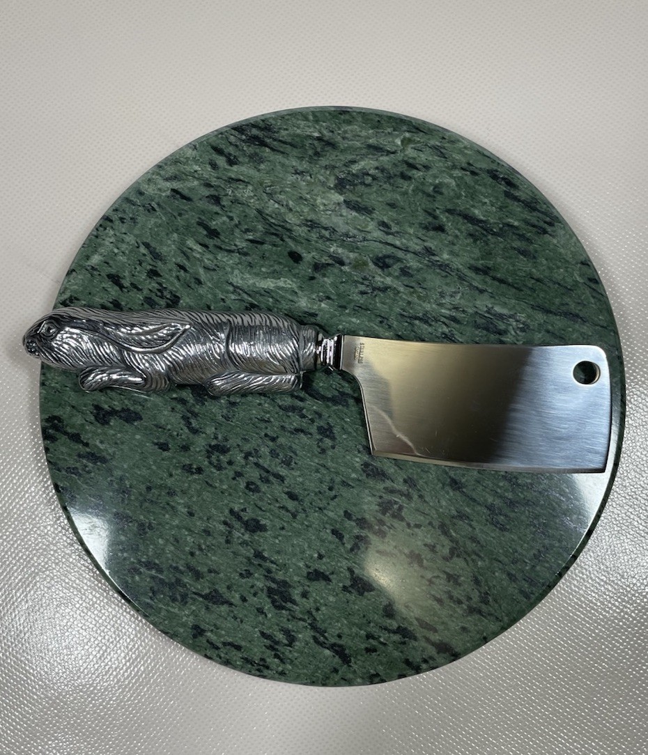 Vintage 1988 Arthur Court Marble Cheese Cutting Board And Rabbit Meat Cleaver