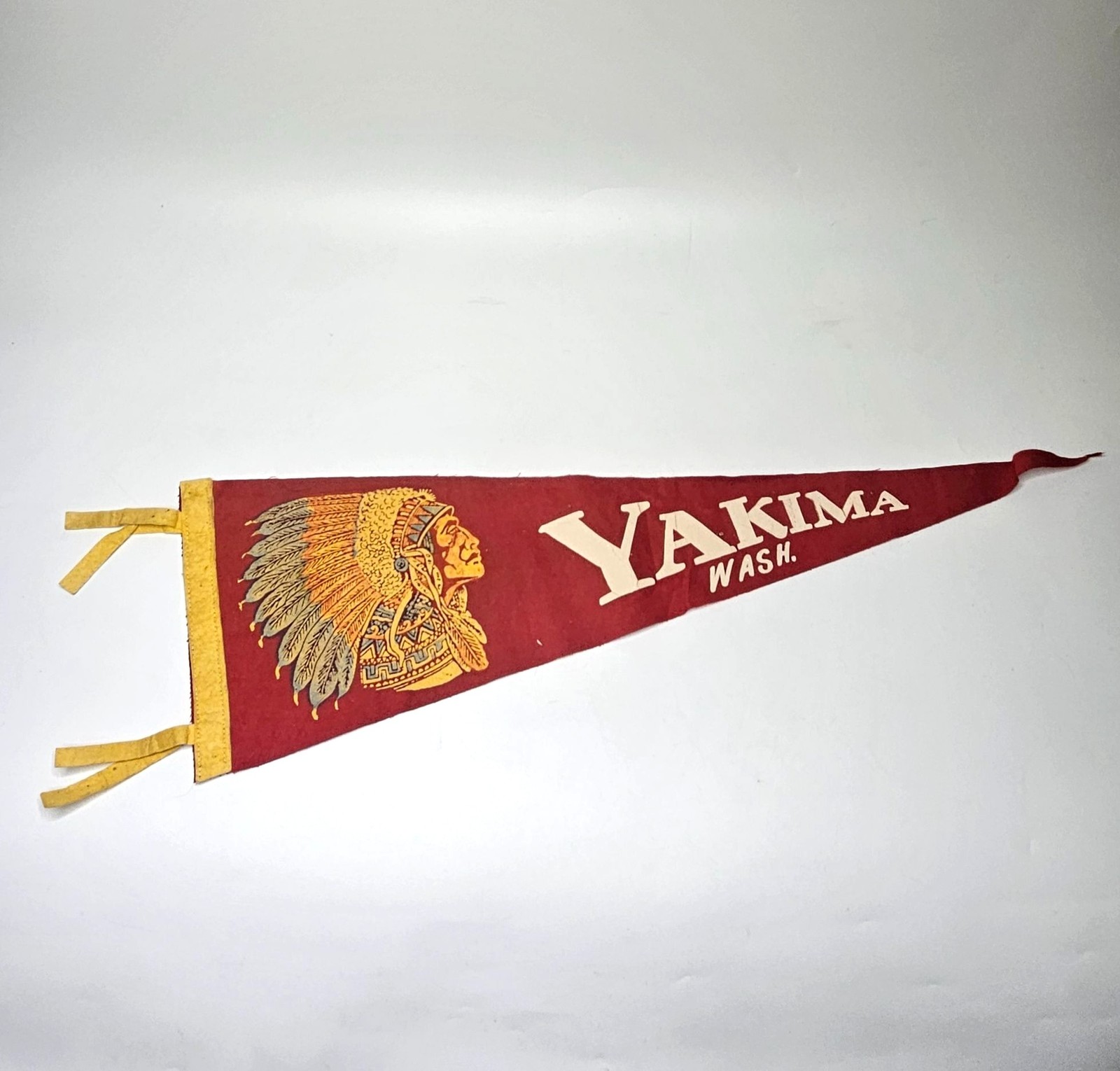 Vintage Yakima Wash Pennant Felt Banner With Native American Chief 1940s 27 Vintage Yakima Wash Pennant Felt Banner With Native American Chief 1940s 27