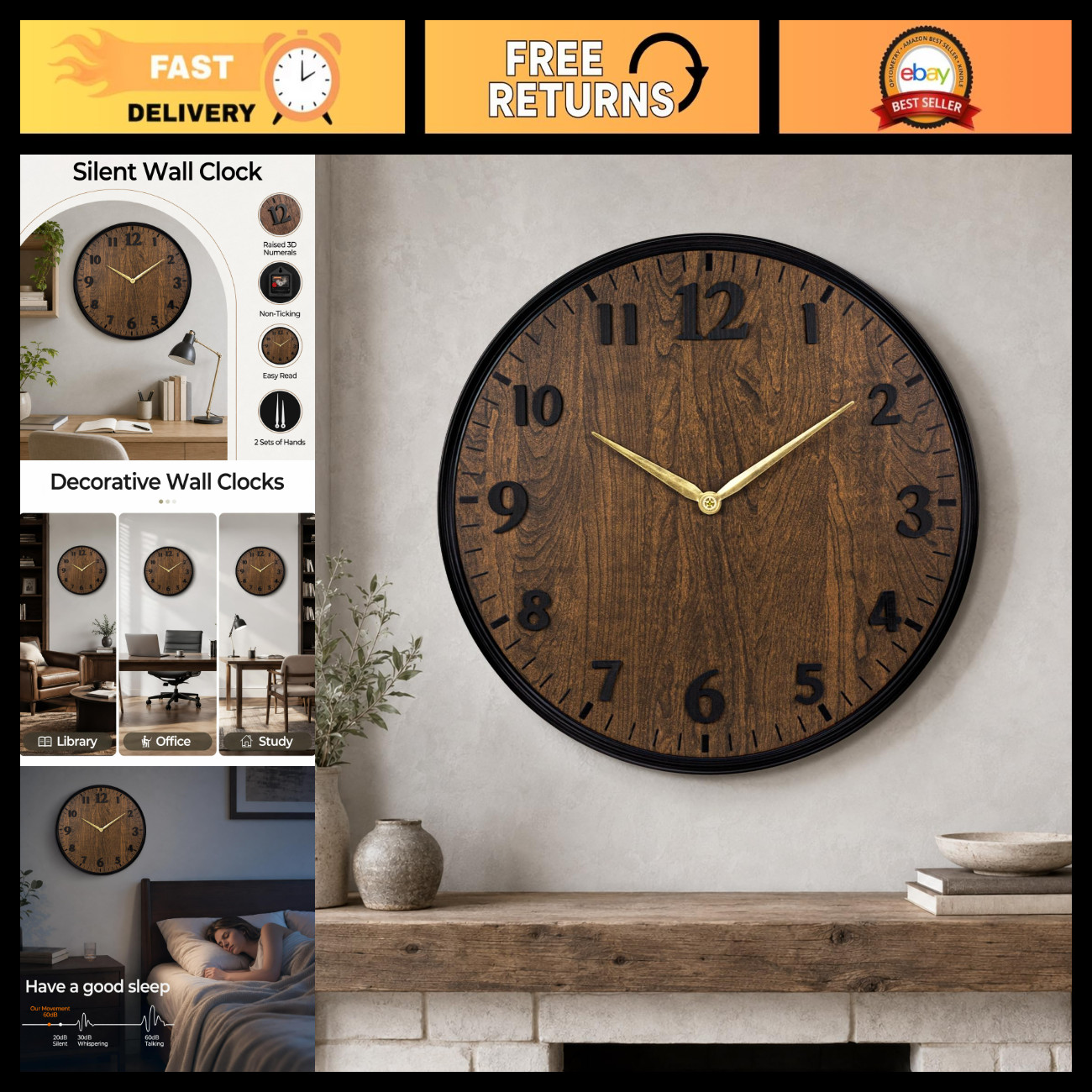 Vintage Farmhouse Wall Clock 20 Inch Silent Non-Ticking Battery Operated Decor